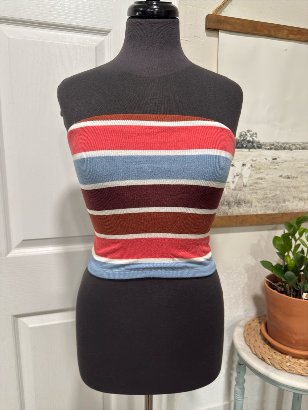 Striped Tube Top in Red, Blue, Burgundy and Brown